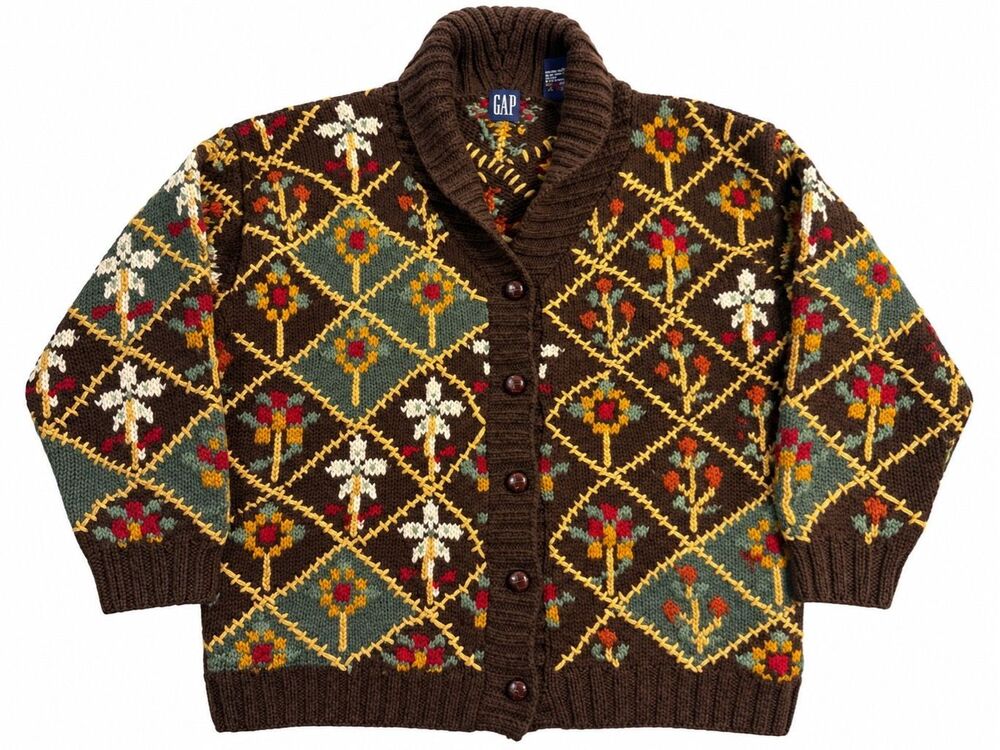 GAP Vintage 90s Men’s Hand Knit 100% Wool Floral Cardigan Sweater Size Medium